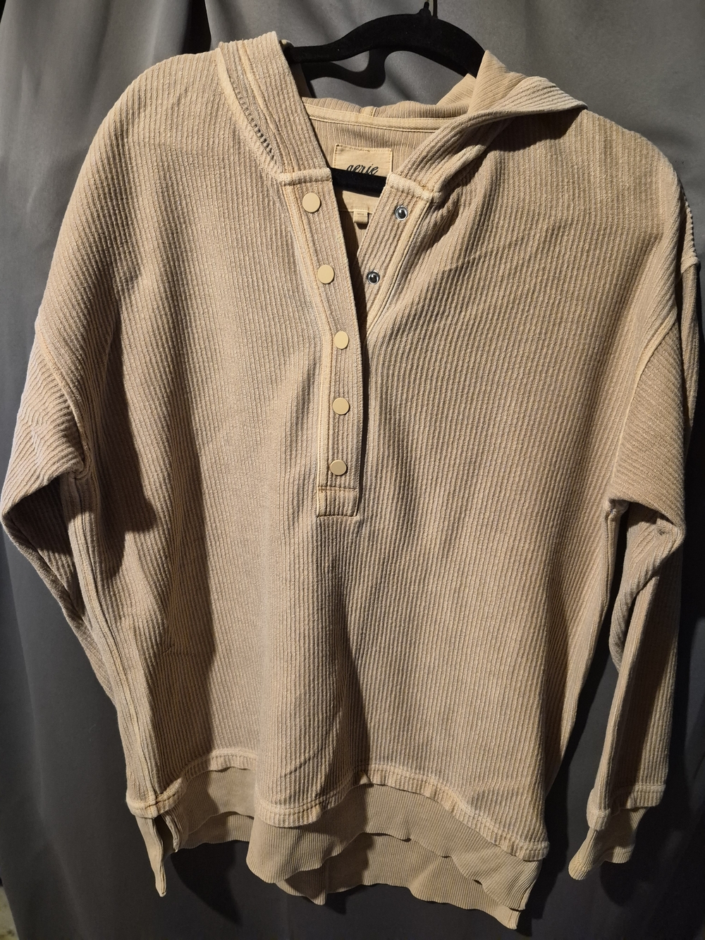aerie Ribbed Henley Hoodie in Beige